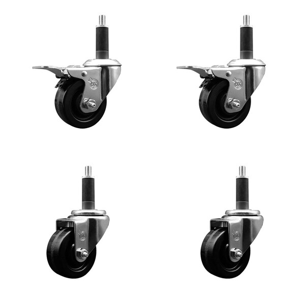 3'' Phenolic Swivel 1'' Expanding Stem Caster Set 2 Total Lock Brakes, 4PK